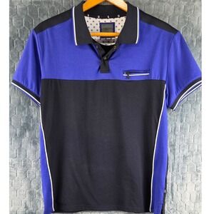 Asher Jones London Mens Blue Black Colorblock Polo Shirt Large Zip Pocket‎ Snap